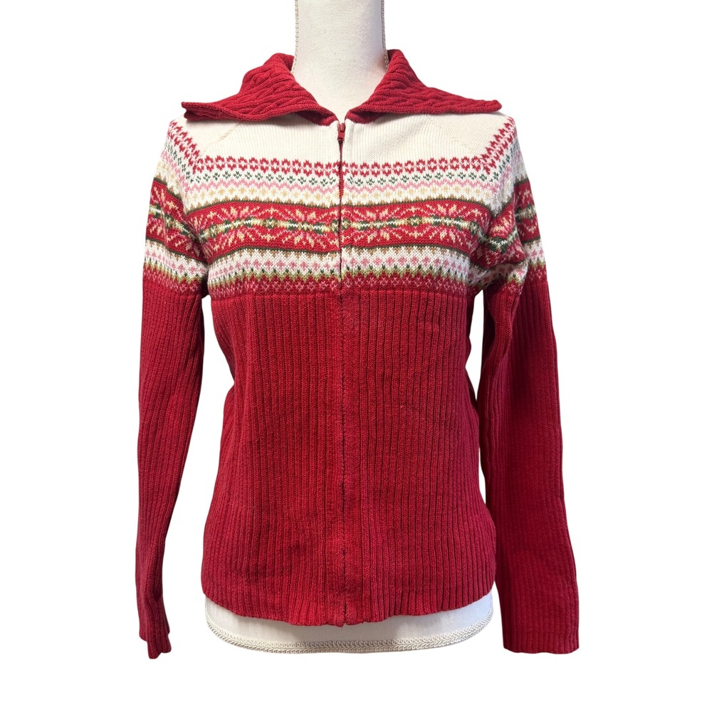 Tiara International Vintage Fair Isle Full Zip‎ Sweater Womens sz L Red Holiday